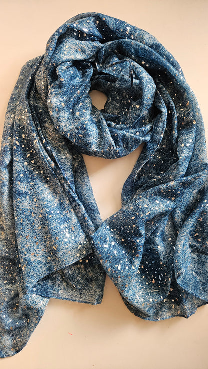 Blue scarf with Silver glittery dots on a white background