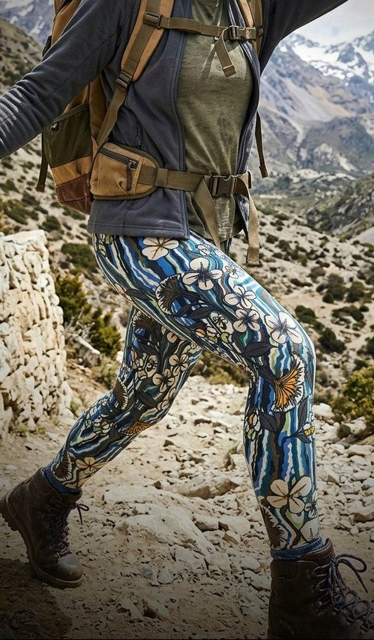 Person hiking in a mountainous area wearing a backpack and patterned leggings.