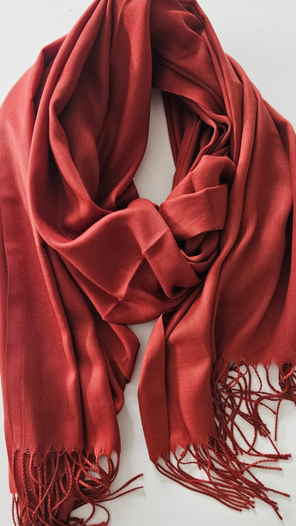 Brick Red scarf with fringes on a white background