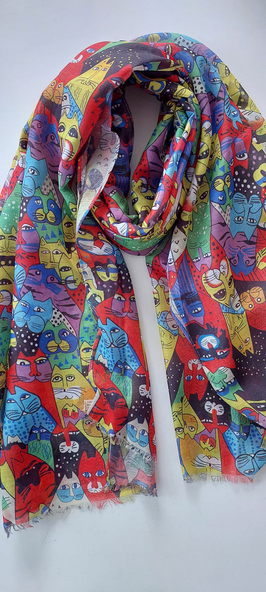 Colourful scarf with cartoon cat pattern on a white background
