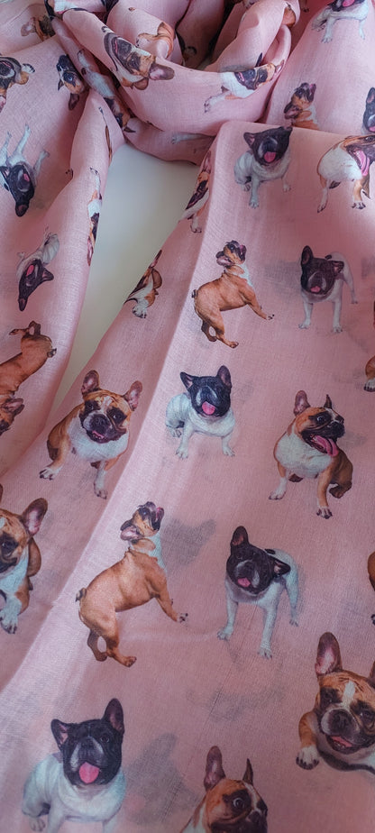 scarf with a pattern of small bulldogs on a pink background