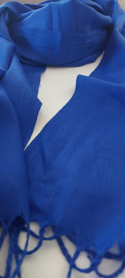 Close-up of royal blue scarf with tassels on a white background