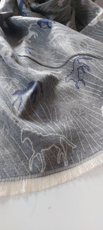Gray Scarf with white Horse pattern on a white background