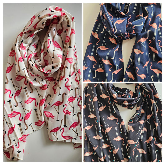 Collage of scarves with flamingo patterns in different colors.
