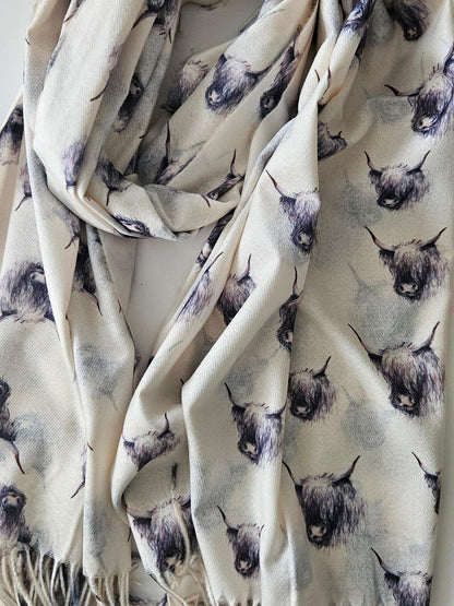 Cream Scarf with highland cow pattern on a white background