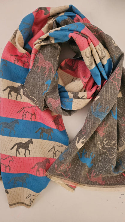 Multicolored pashmina with horse patterns on a white background