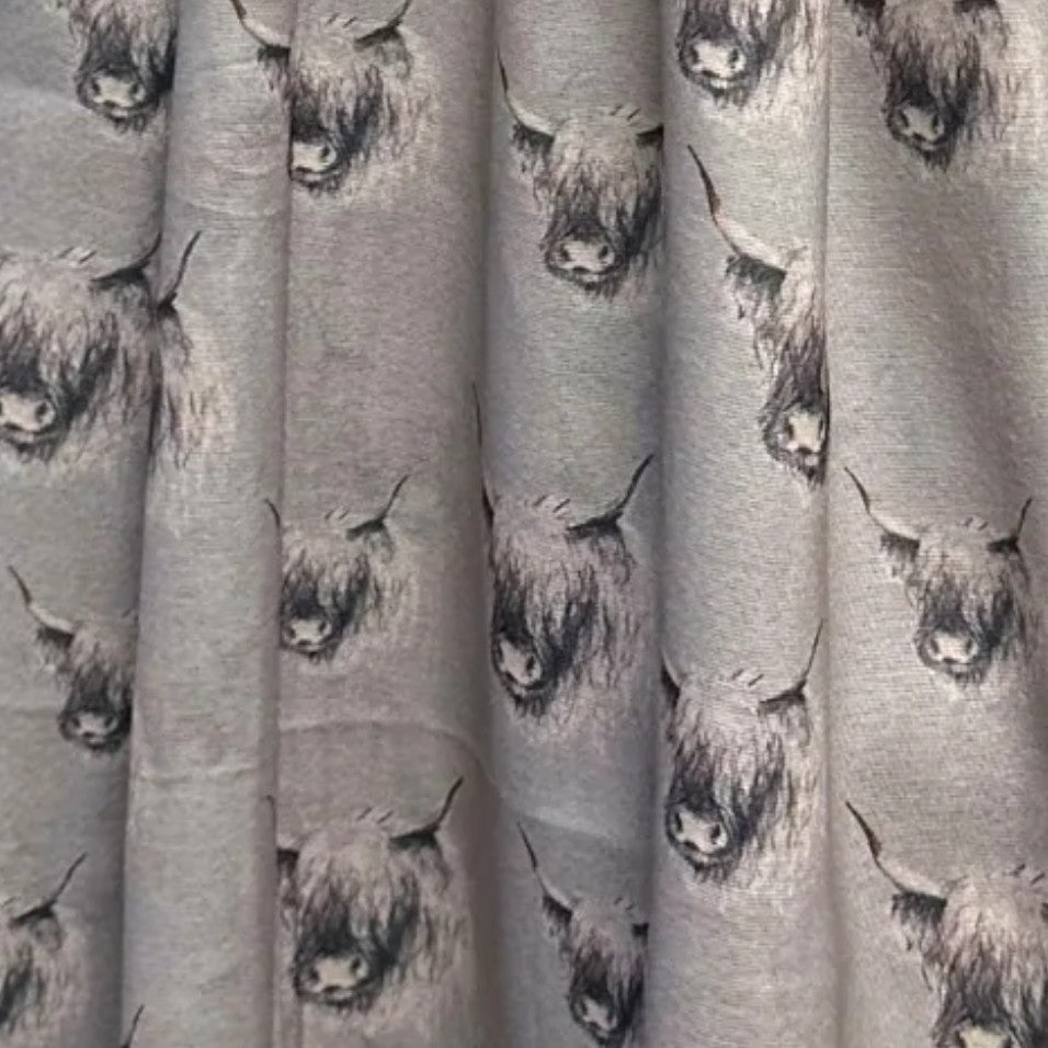 Grey coloured pashmina with Monochromatic Highland cow heads on