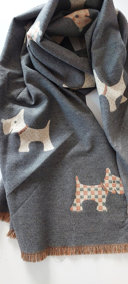 Grey pashmina with Scotty Dog pattern on a white background