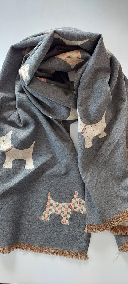 Gray Scarf with Scotty Dog patterns on a white background