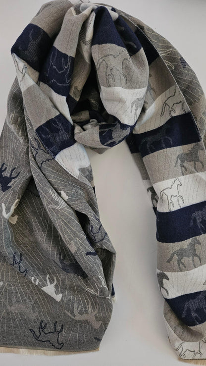 Grey, white and navy scarf with horse pattern on a white background