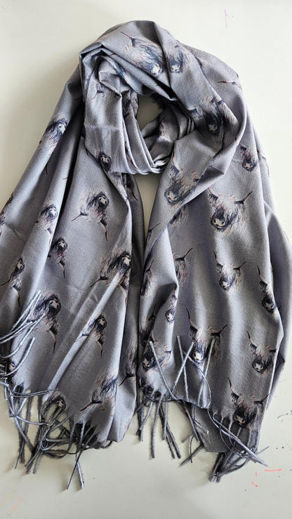 Grey coloured pashmina with Monochromatic Highland cow heads on
