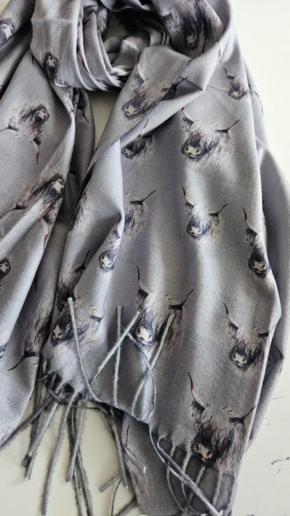 Grey pashmina with Monochromatic Highland cow heads on