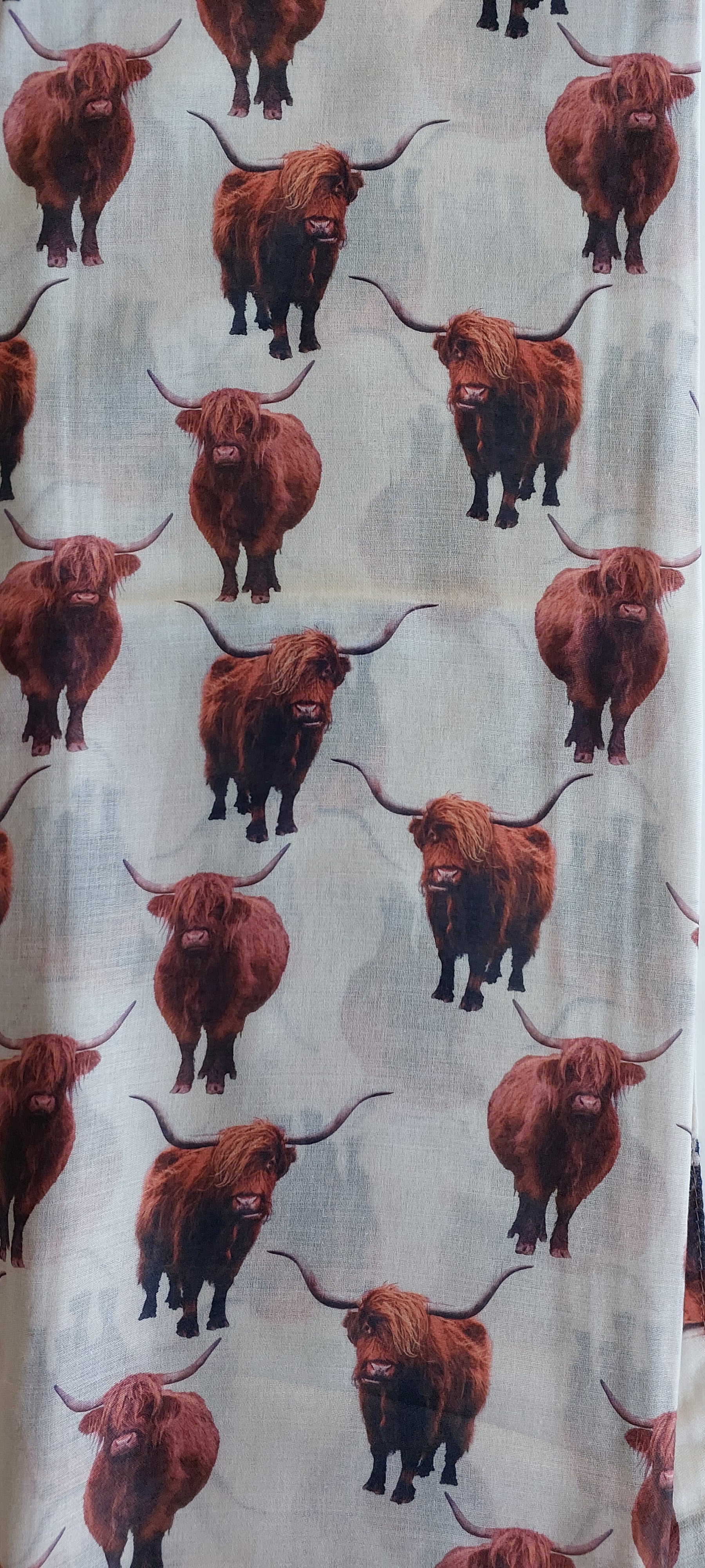 Scarf with repeated pattern of a Highland Cow on a white background