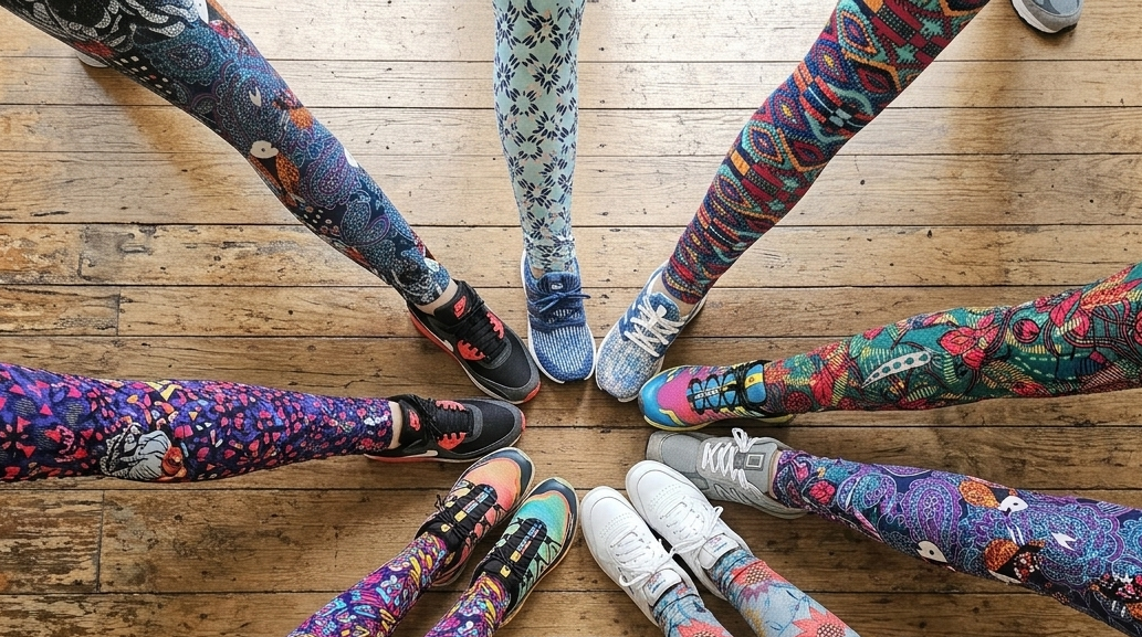 Multiple people's legs arranged in a circle on a wooden floor, wearing colorful patterned leggings. The words 'STEP INTO YOUR PATTERN' are printed on the floor at the center.