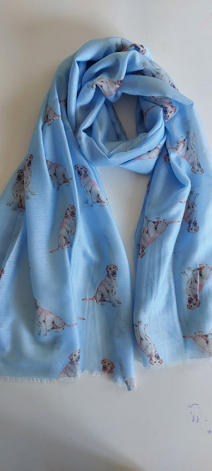 Light blue scarf with labradors on it on a white background