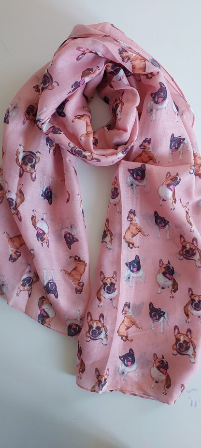 Pink scarf with bulldog pattern on a white background