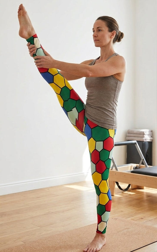 Woman in colourful geometric leggings stretching in a room with wooden floor and white walls.