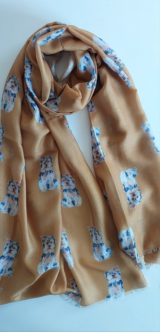 Mustard scarf with Yorkshire Terrier dogs printed on a white background