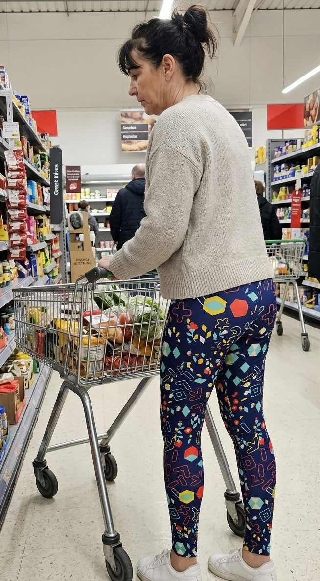 Woman shopping in a grocery store with a cart in Navy Floral Geo Mix Buttery Soft High-Waisted Leggings
