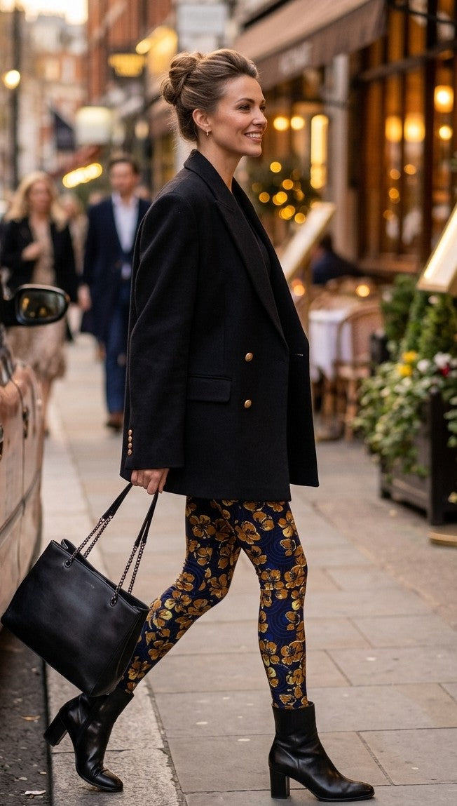 Woman in a stylish outfit with a black blazer and patterned leggings walking on a city street.