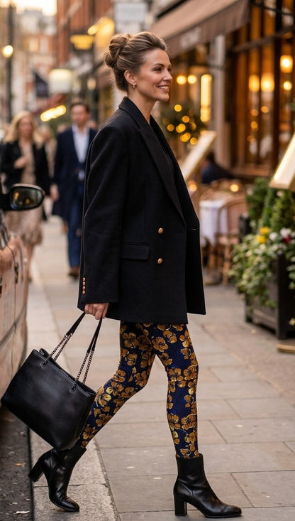 Woman in a stylish outfit with a black blazer and patterned leggings walking on a city street.
