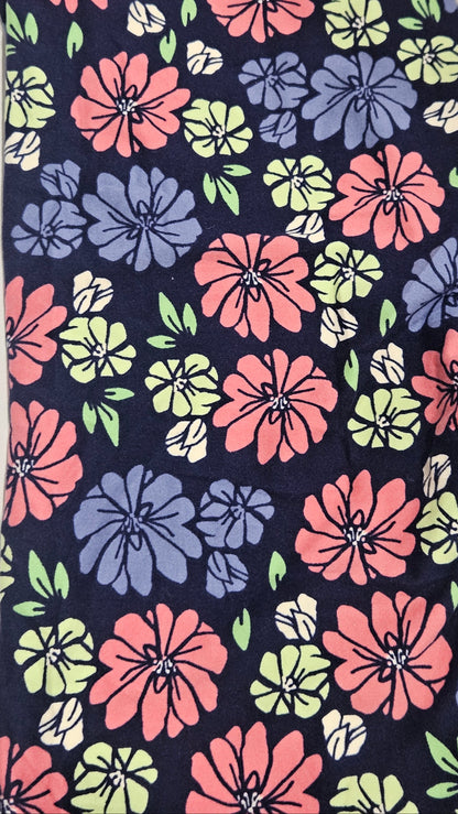 Floral patterned fabric with pink, blue, and green flowers on a dark background