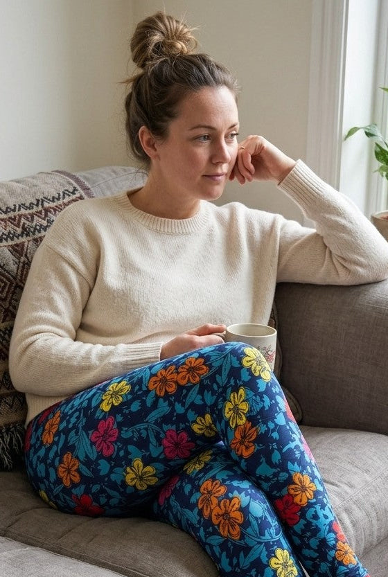 Woman sitting on a couch wearing colorful floral leggings and a white sweater.