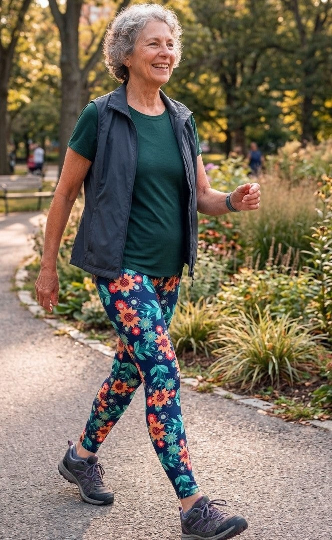 Woman walking outdoors in a park wearing a green shirt, dark vest, and colorful floral leggings.