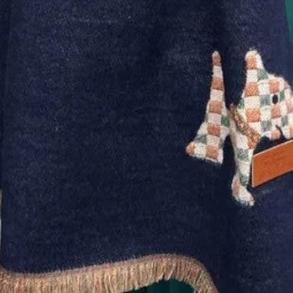 Navy blue Scarf with a Scotty Dog pattern and a brown fringe.