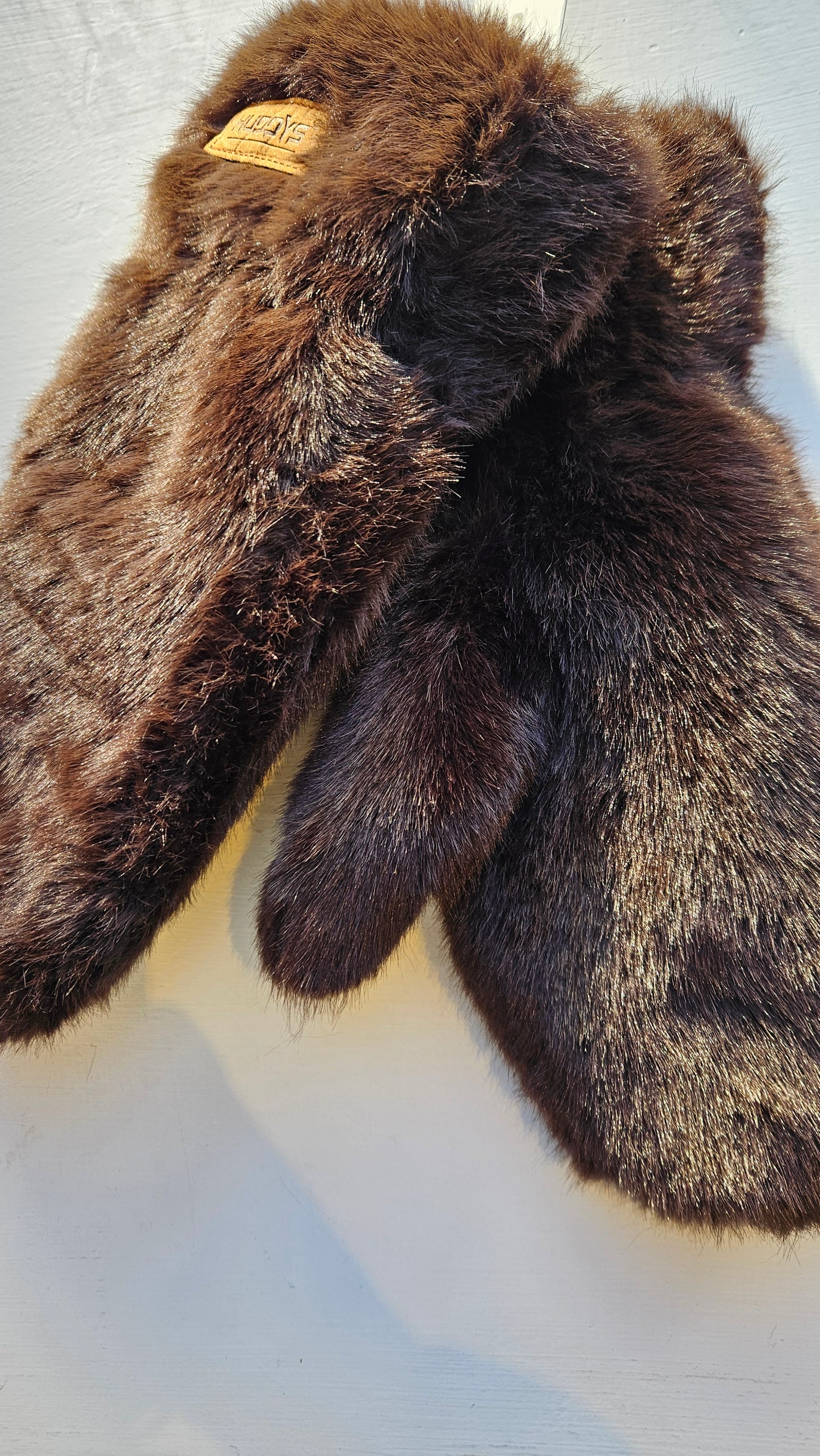 Faux Fur mittens in Brown, on white background