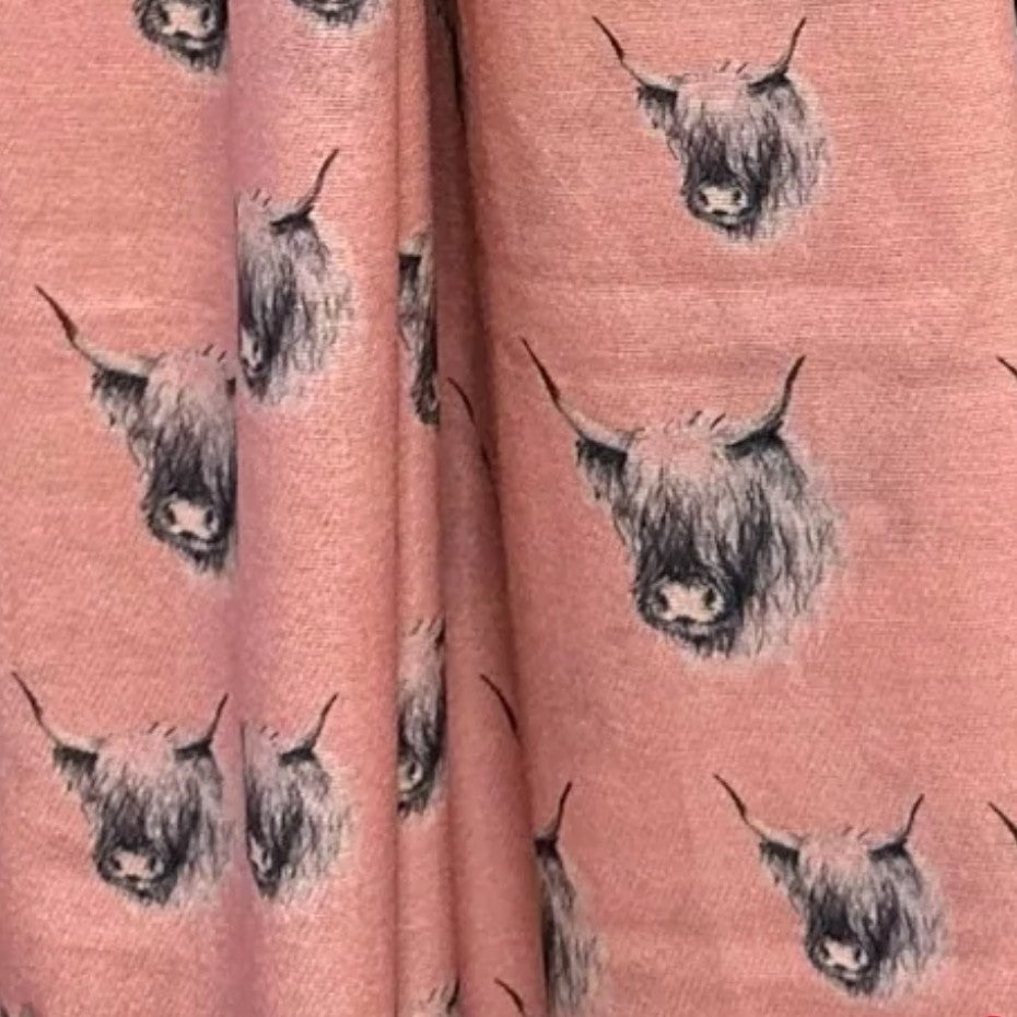 Pink coloured pashmina with Monochromatic Highland cow heads on