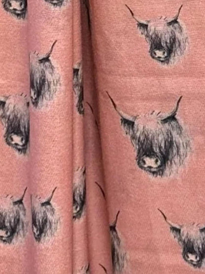 Pink coloured pashmina with Monochromatic Highland cow heads on