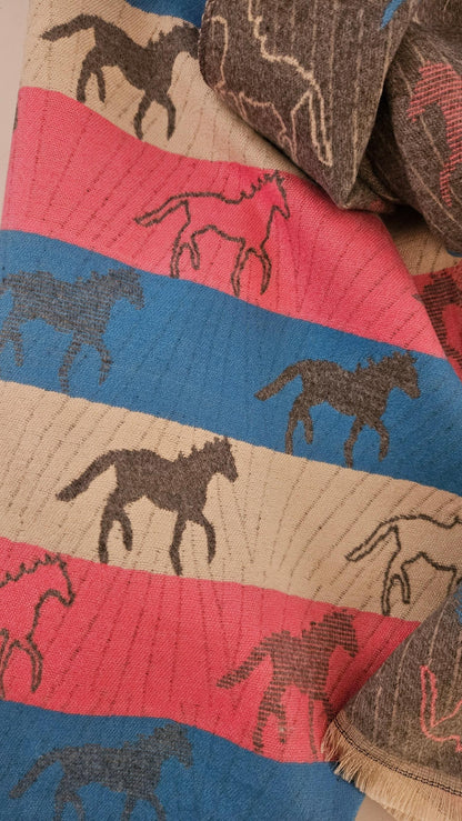Scarf with horse patterns on a striped background