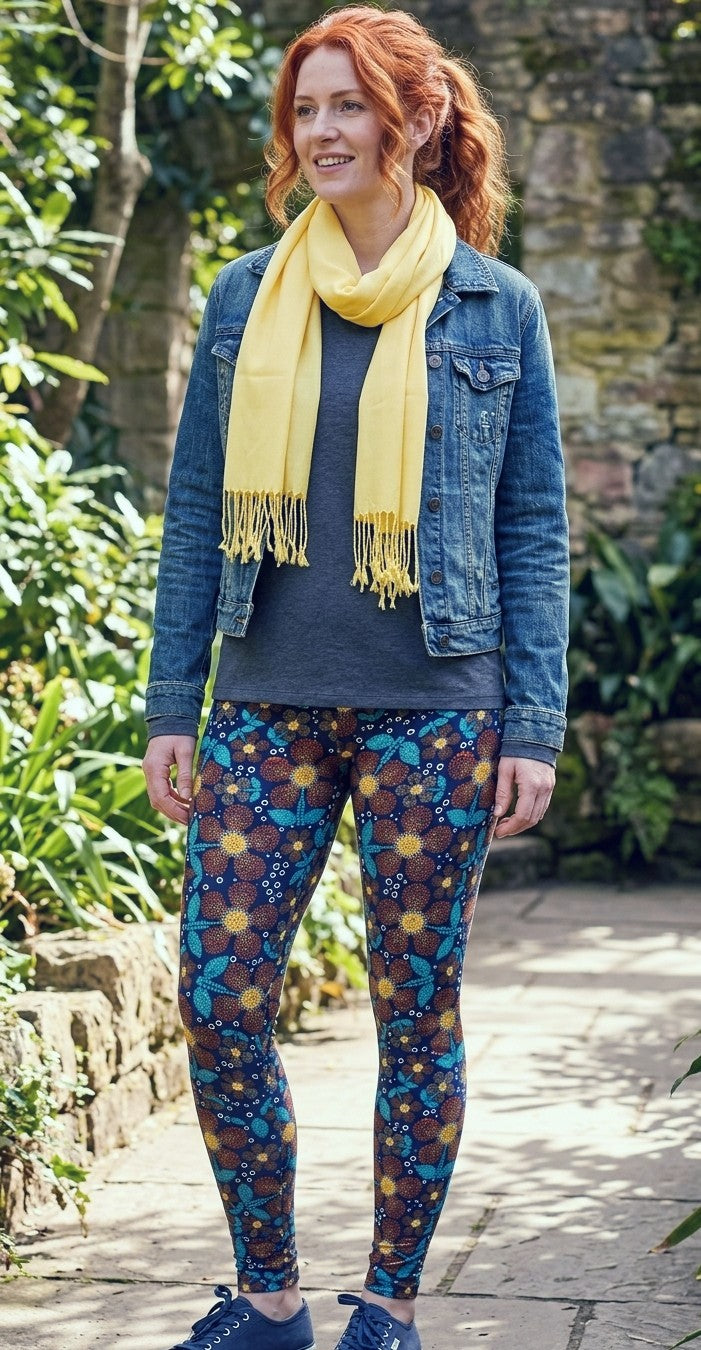 Woman wearing a denim jacket, yellow scarf, and patterned leggings outdoors.