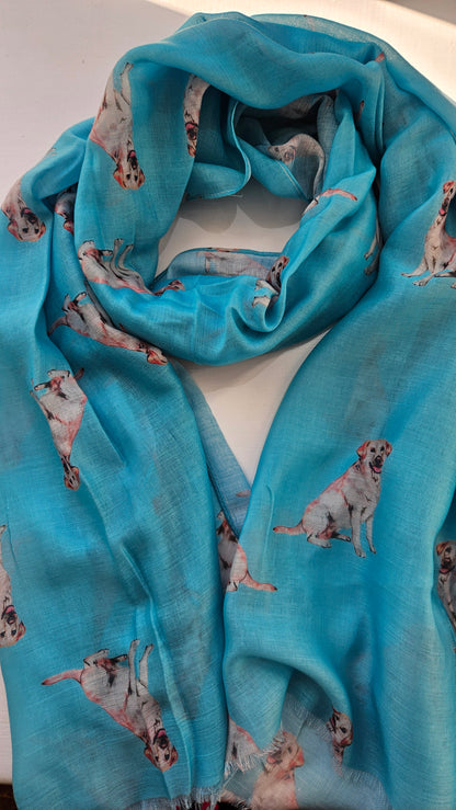 Sky Blue scarf with Golden Labrador dog pattern on a white background