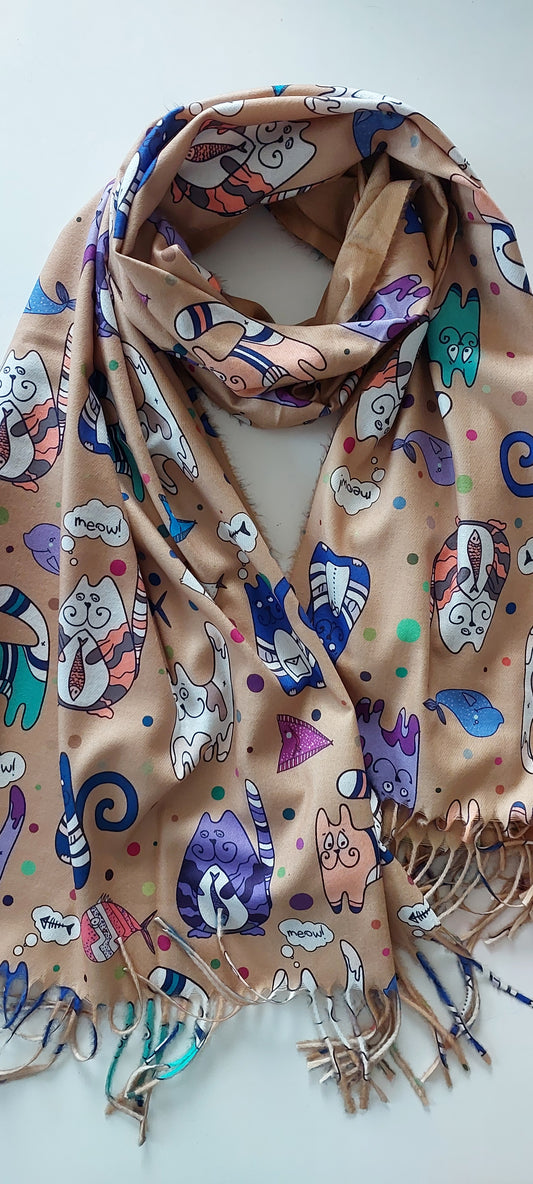 Taupe scarf with colourful cat pattern on a white background