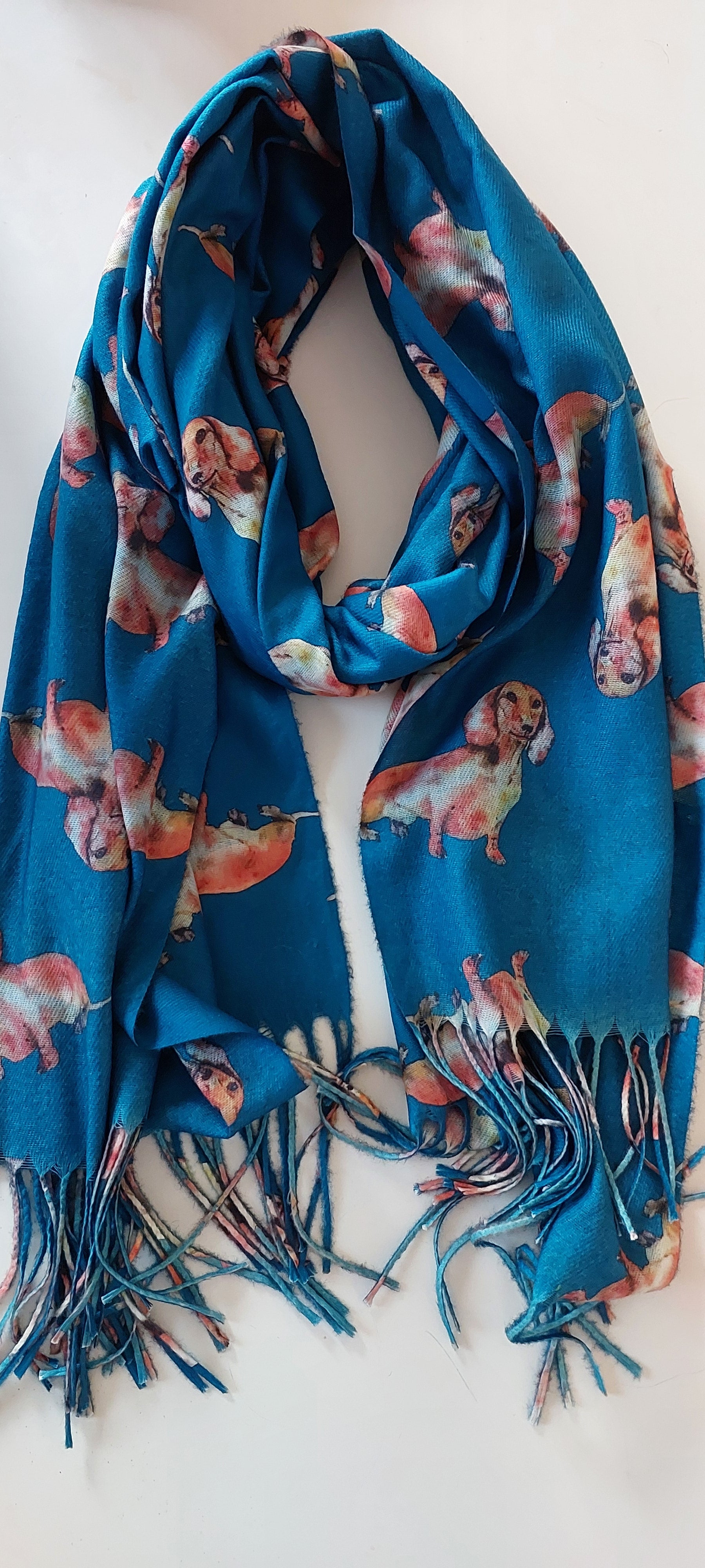 Teal scarf with dachshund patterns on a white background