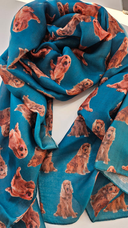 Teal Blue scarf with tan cocker spaniel pattern on a white background