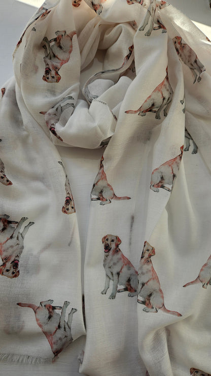 White scarf with Labrador dog pattern on a white background