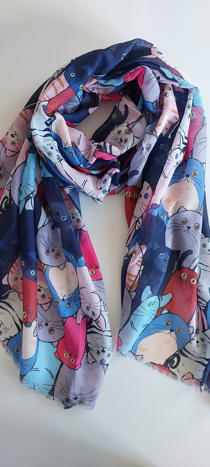 Colorful scarf with cat pattern on a white background