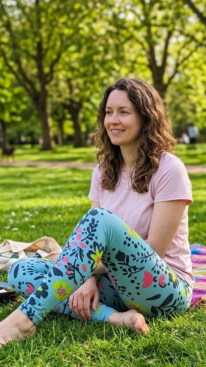 Duck Egg Blue Botanical Buttery Soft High-Waisted Leggings-Shimena