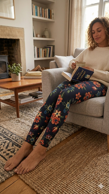 Navy Garden Floral Buttery Soft High-Waisted Leggings-Shimena