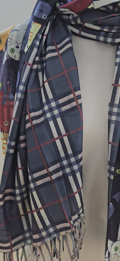 Reversible Cat & Tartan Cashmere-Feel Pashmina – Soft & Stylish Wrap