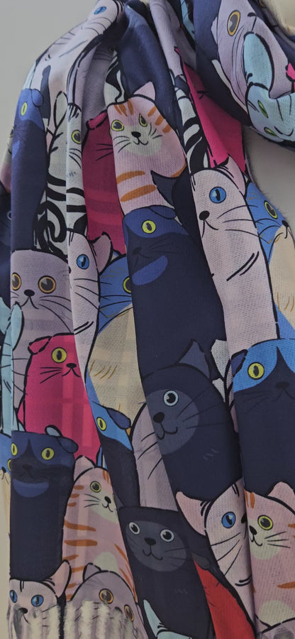 Reversible Cat & Tartan Cashmere-Feel Pashmina – Soft & Stylish Wrap