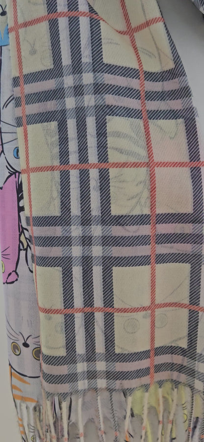 Reversible Cat & Tartan Cashmere-Feel Pashmina – Soft & Stylish Wrap