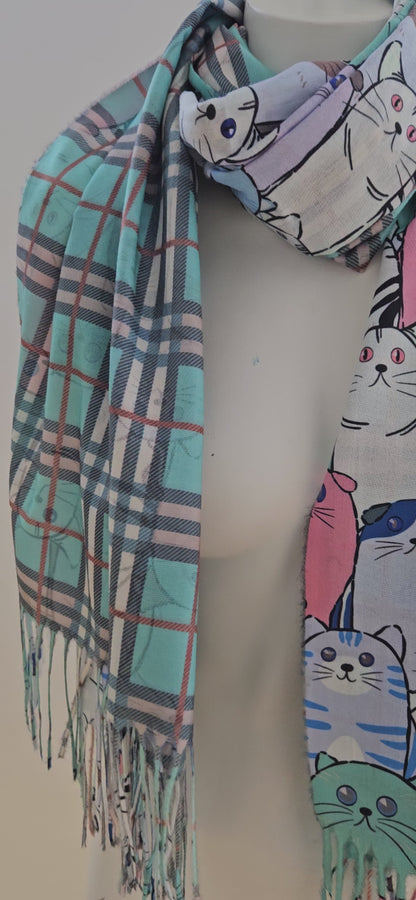 Reversible Cat & Tartan Cashmere-Feel Pashmina – Soft & Stylish Wrap