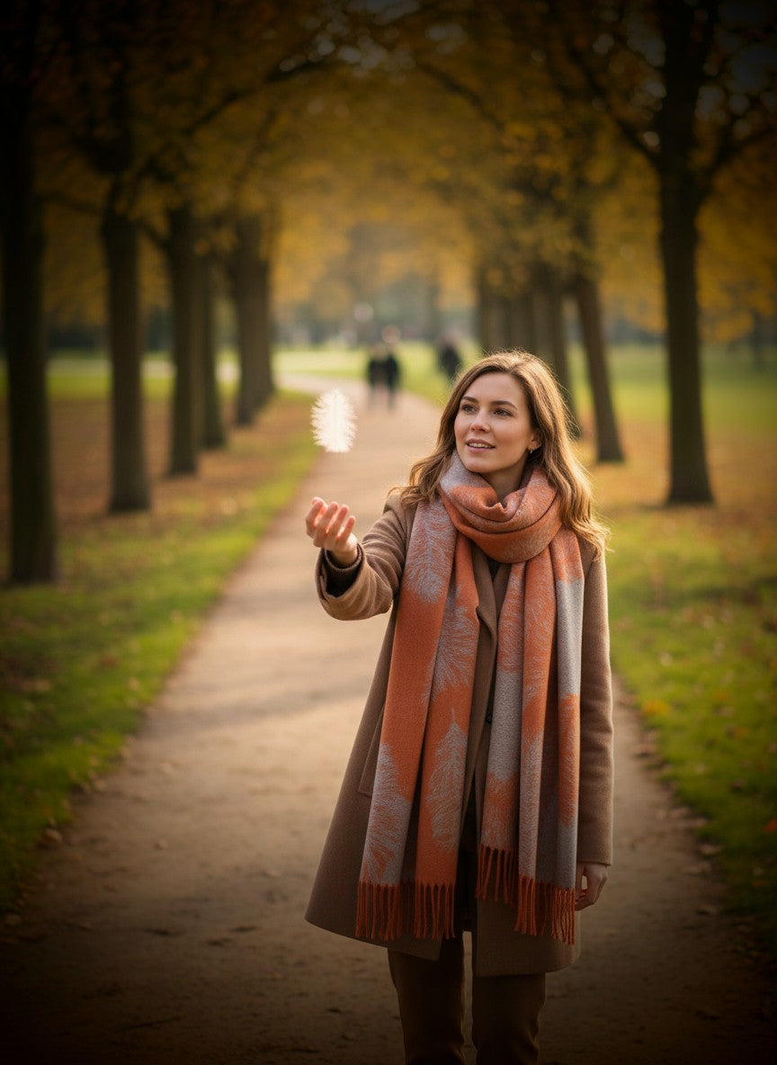 Feather Print Cashmere Blend Scarf-Shimena