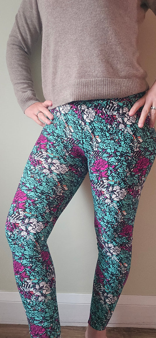 Teal and Purple Rose Print Buttery Soft High-Waisted Leggings