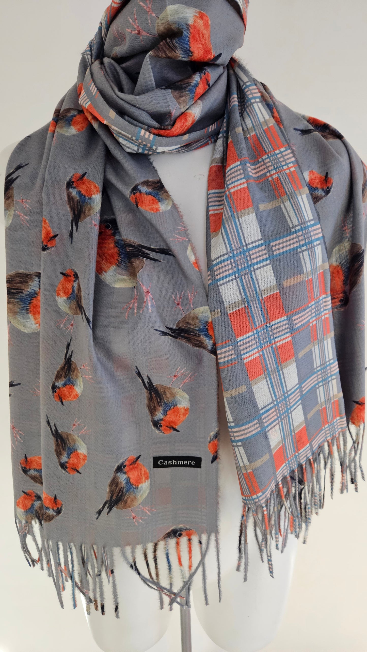 Double-Sided Robin & Tartan Pashmina-Shimena