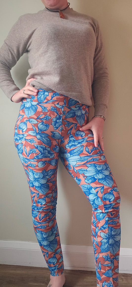 Rust and Turquoise Floral Print Buttery Soft High-Waisted Leggings